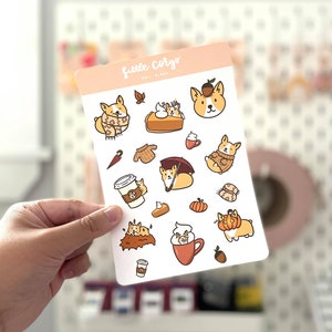 Little Corgo Fall Vibes - Herbst blätter gemütlich matt wetterfest süßer Corgis Hund Kawaii Kiss Cut Sticker Sheet für Laptop, Planer, Journal
