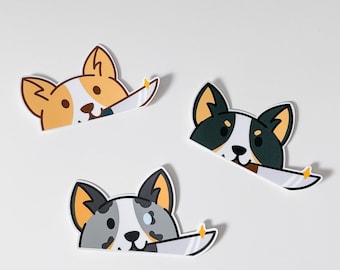 Peeker Corgi Knife Sticker - Vinyl Matte Weatherproof Scratchproof Cute Tri Color Merle Dog Die Cut for Car, Laptop, Water Bottle