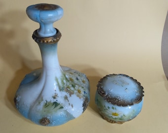 Victorian Painted Ceramic Perfume Bottle and Vanity Trinket Holder