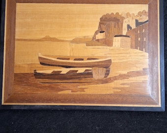 Vintage Wood Inlay Seaside Village Scene, 9" by 6 1/2"