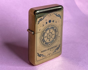 Wheel Of Fortune tarot card lighter, engraved lighter, tarot card engraving, cool lighter, tarot card lighter, refillable metal lighter