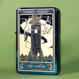 New in The Tower tarot engraved lighter, personalised gift, cool lighter, collectible refillable lighter