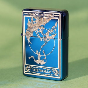 The World tarot card engraved lighter, engraved lighter, tarot card engraving, cool lighter, gold tarot card, tarot card lighter, lighter
