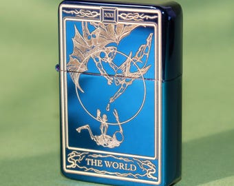 Engraved The World Tarot Card Lighter, Refillable Brass Lighter