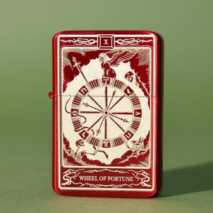 Rad van Fortuin tarotkaartaansteker, gegraveerde aansteker, tarotkaartgravure, koele aansteker, tarotkaartaansteker, hervulbare metalen aansteker
