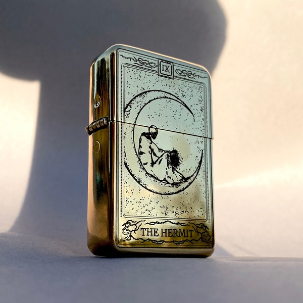 Custom engraved lighter with The Hermit tarot card, cool bachelor gift, refillable and reusable lighter, personalised birthday gift