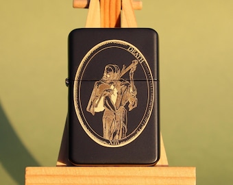 Accendino con carta della Morte, disegno inciso, accendino ricaricabile e riutilizzabile