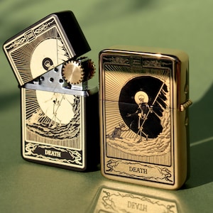 Nieuwe aansteker met Death-tarot, gegraveerd persoonlijk ontwerp, hervulbare en herbruikbare koperen aansteker