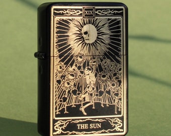 Lighter custom engraved – The Sun tarot design, personalised refillable brass gift