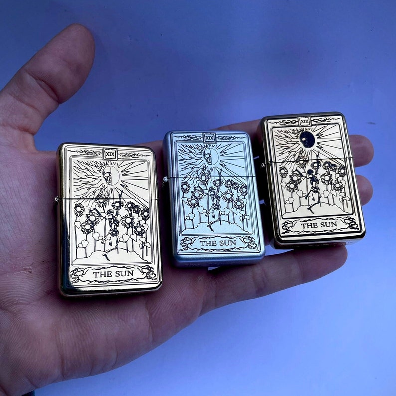 The Sun tarot card engraved lighter, engraved lighter, tarot card engraving, cool lighter, gold tarot card, tarot card lighter, lighter 