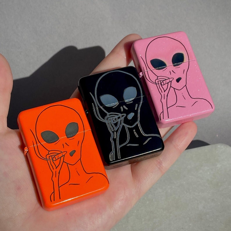 Alien engraved lighter, cool lighter, colourful lighter, orange flip lighter, pink lighter, black lighter, engraved lighter, engraved gift 