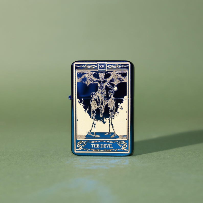 Personalised Devil Tarot Card Lighter, Engraved Refillable Metal Case