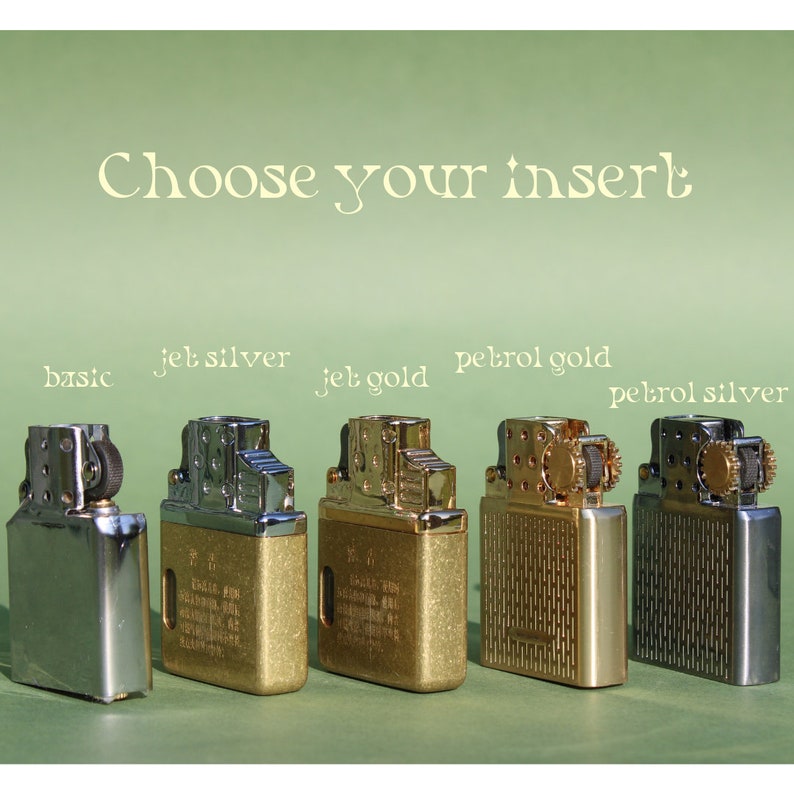 May include: Five different lighter inserts, labeled "basic", "jet silver", "jet gold", "petrol gold", and "petrol silver".