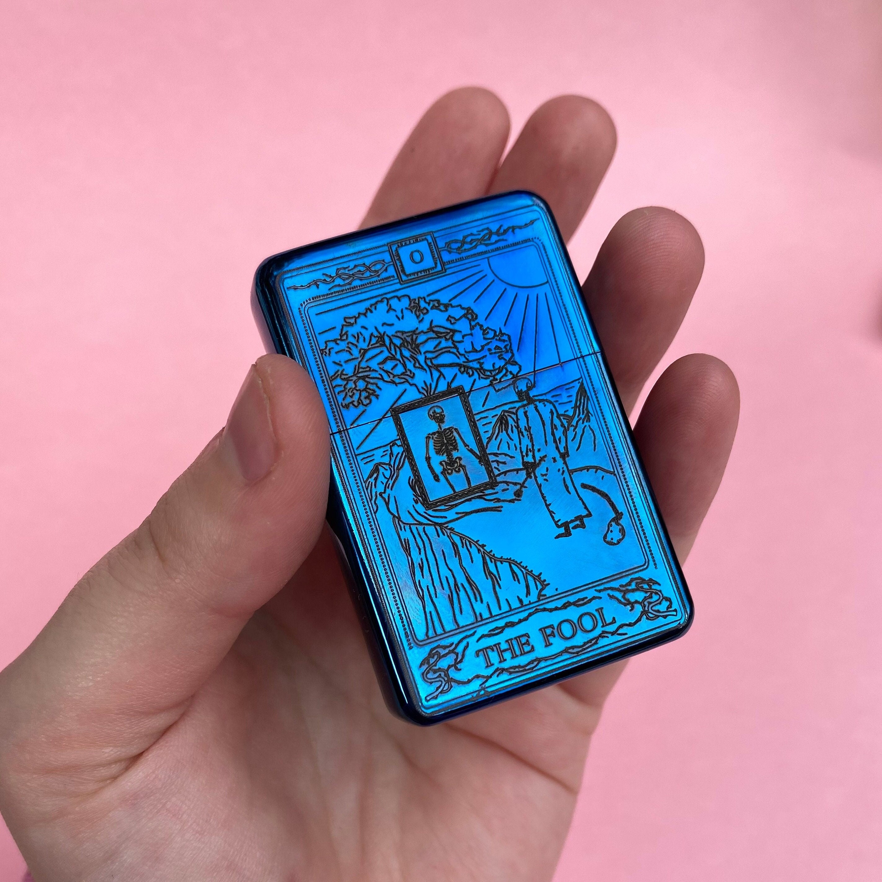 The Fool tarot card engraved lighter, engraved lighter, tarot card engraving, cool lighter, gold tarot card, pink lighter, lighter