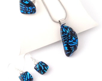 Sparkly Blue Dichroic Fused Glass, Pendant Earrings and Ring Set for Women, Handmade Unique Blue Art Glass Jewelry