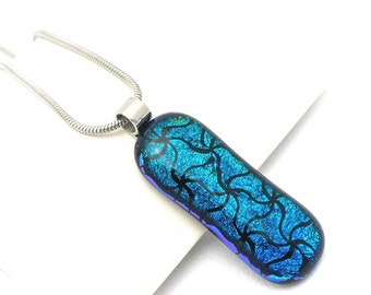 Sparkly Emerald Blue Dichroic Glass Pendant. Unique glass Necklace for women, birthday gift