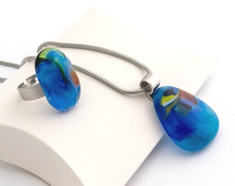 Fused Glass Pendant and Ring Set, Inspirational Fashion Jewelry, Unique Handmade Blue Glass Jewellery