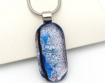 Sparkly Silver Dichroic Glass Pendant, Blue, Unique Silver Dichroic Glass Necklace - Handmade Fused Glass Pendant