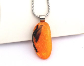 Sparkly Peach Dichroic Pendant, Fused Glass Necklace, Stainless steel - Unique Gift