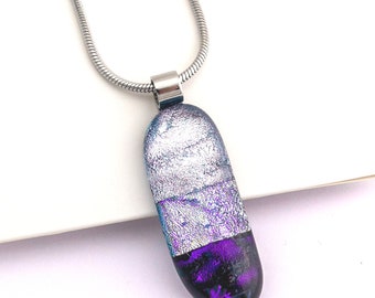 Sparkly Silvery, Purple Fused Glass oblong Pendant, Unique Glass Necklace, Designer Handcrafted Pendant, special gift