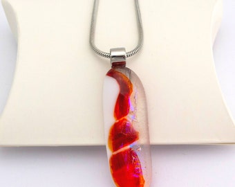 Sparkly Dichroic Pendant, White, Red Fused Glass Necklace, Stainless steel - Unique Birthday Gift