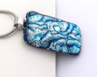 Silvery Blue sparkle fused glass pendant. Handmade glass necklace for women. Bridesmaid gift