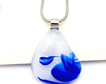 Snow white, Cobalt Blue, Glass Pendant, Fused Glass Pendant,  Handmade Glass Necklace, Birthday Gift