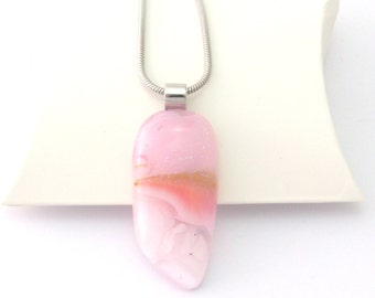 Sparkle Pastel Pink White Glass Oblong pendant. Handmade Fused Glass Necklace. Bridesmaid Gift