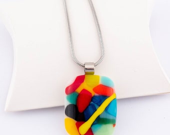 Abstract Coloured Glass Pendant, White, Orange, Red, Yellow, Blue Fused Glass Jewelry, Unique Art Glass Necklace