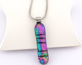 Sparkly Emerald, Pink Dichroic Glass Pendant. Unique glass Necklace for women, birthday gift