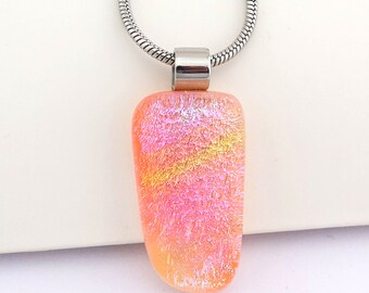 Sparkly Peach, Pink, Yellow Dichroic Handcrafted Pendant, Fused Glass Necklace for Women, Unique Birthday Gift