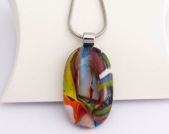 Multi-Colored Swirled Fused Glass Pendant, Unique Glass Necklace, Birthday Gift