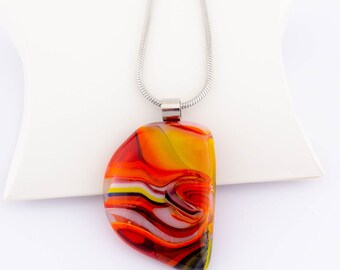 Multi Coloured Glass Pendant, Orange, Red, Yellow, Blue Fused Glass Jewelry, Unique Art Glass Necklace