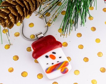 Snowman Glass Pendant, Handmade Christmas Fused Glass Jewelry, Unique Art Glass Necklace, Christmas