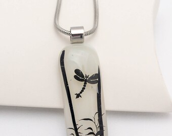 White Dragonfly Fused Glass Pendant, Handcrafted Glass Necklace, Wearable Art Glass Jewelry