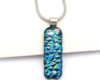 Metallic Emerald, cobalt, Gold Fused Dichroic Glass, Pendant for Women, Handmade by Kookla Jewellery, Unique Art Glass Jewellery