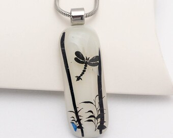 Black Dragonfly White Glass Pendant, Handcrafted Glass Necklace for Women. Birthday Gift