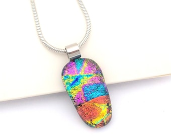 Multi Coloured Sparkly Fused Glass oblong Pendant, pink, green, blue, red. Unique Glass Necklace, Women, Handcrafted Pendant, special gift