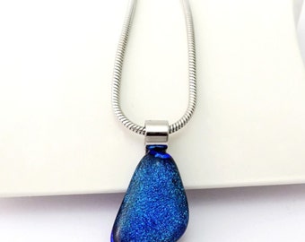 Sparkly Blue Fused Glass Dichroic Pendant, Handmade Glass Pendant, Unique Art Glass Jewelry for Women, Birthday Gift