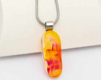Sparkly Peach Dichroic Pendant, Fused Glass Necklace, Stainless steel - Unique Birthday Gift