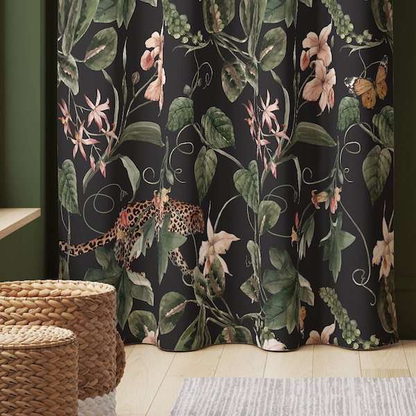 Cheetah in Jungle, Floral Curtains, Curtains for Living Room, Opaque Curtains, Window Curtains, Custom Curtains, Tropical Home Decor C1067