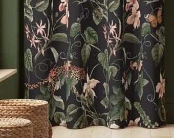 Cheetah in Jungle, Floral Curtains, Curtains for Living Room, Opaque Curtains, Window Curtains, Custom Curtains, Tropical Home Decor C1067
