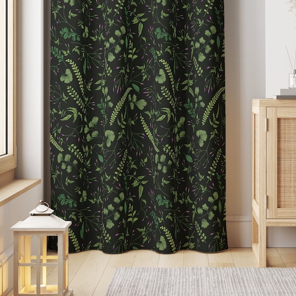 Green Herbs, Dark Curtains, Botanical Curtains, Curtains for Living Room, Wild Meadow, Dark Green Curtains, Blackout Curtains C307