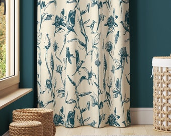 Birds Pattern Window Curtain, Flying Birds Blue Twigs, Cotton, Sheen or Blackout Curtain, Room Decor, Luxury Window Curtain 57&quot; Width - C159