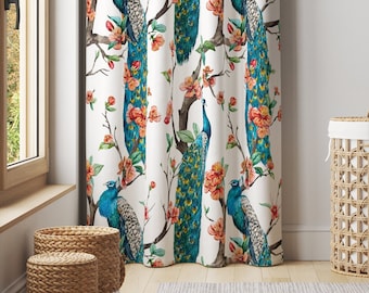 Proud Peacock Window Curtain, Decorative Curtain, Cotton, Sheen or Blackout Curtain, Room Decor, Luxury Window Curtain 57&quot; Width - C162