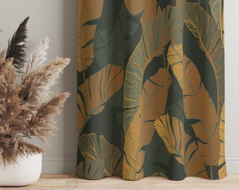 Gold and Green Feathers, Window Curtains, Boho Decor, Custom Curtains, Nature Curtains, Curtains For Living Room, Opaque Curtains C1027