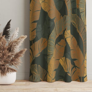 Gold and Green Feathers, Window Curtains,  Cotton, Sheen or Blackout Curtain, Boho Curtain, Luxury Window Curtain 57" Width - C1027