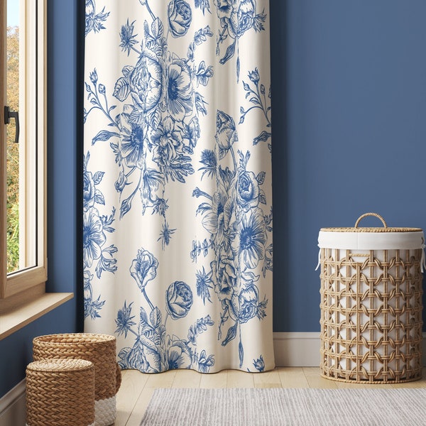 Fleur bleue nature, rideau de fenêtre en coton CC201 | Rideaux fleuris, Rideaux décoratifs, Rideaux en coton, Panneaux de rideaux
