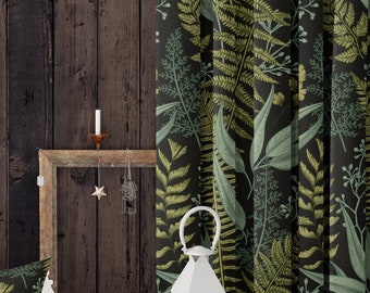 Green Ferns on Black Window Curtain, Room Decor, Cotton, Sheen or Blackout Curtain, Bedroom Curtain, Luxury Window Curtain 57&quot; Width - C138