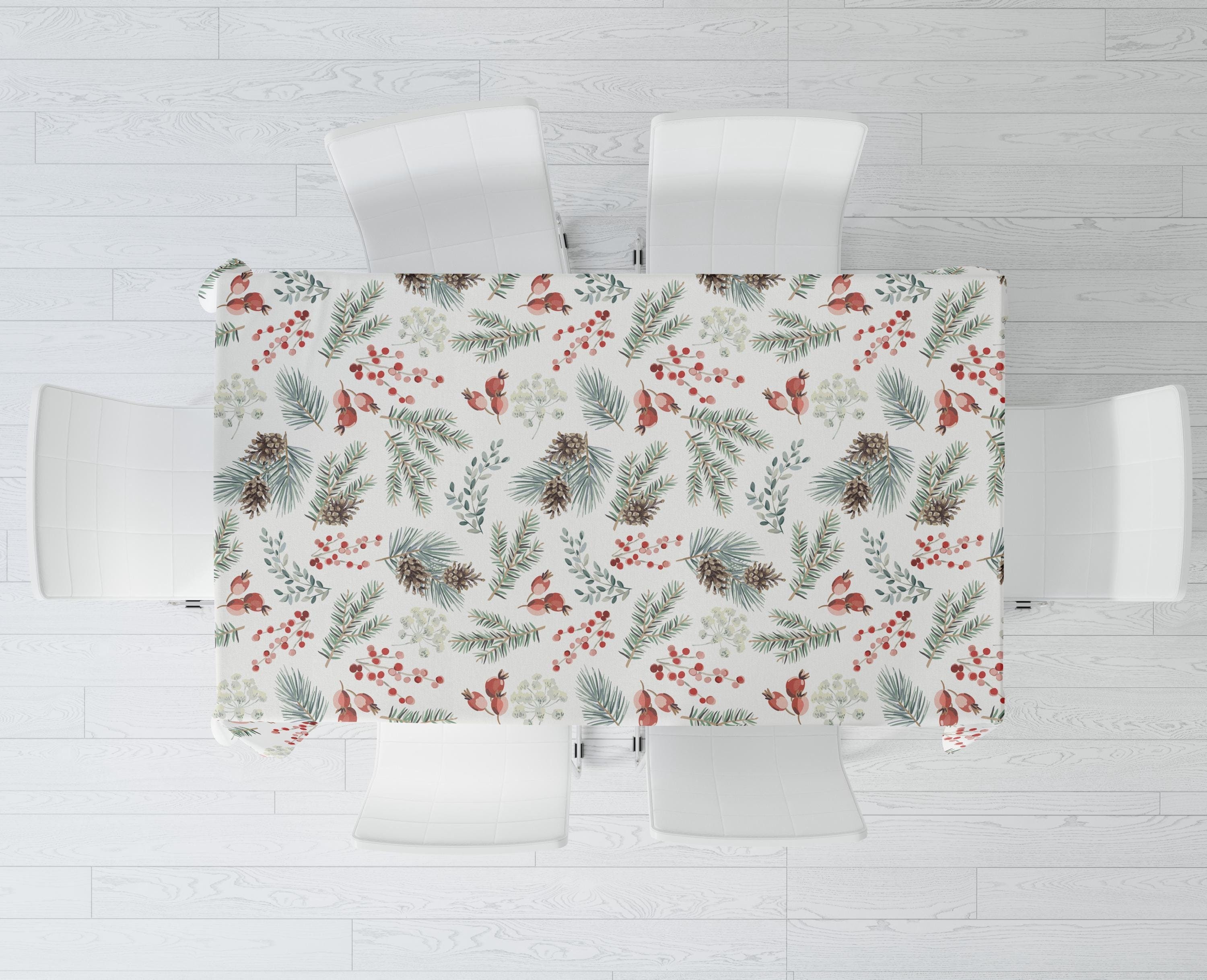 Cones, Red Berries and Green Twigs Pattern T4 | Decorative Tablecloth, Rectangular Tablecloth, Gift for the home, christmas decor